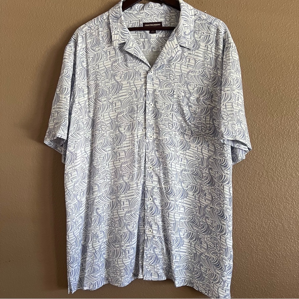 Johnston & Murphy Short-Sleeve Camp White Etched Flamingos Shirt Size XL